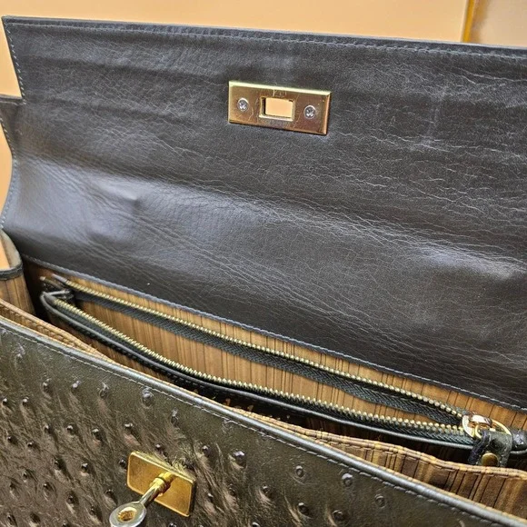 Andalossi Ostrich Embossed Leather Satchel Handbag With Lock‎ Charm and Dust Bag